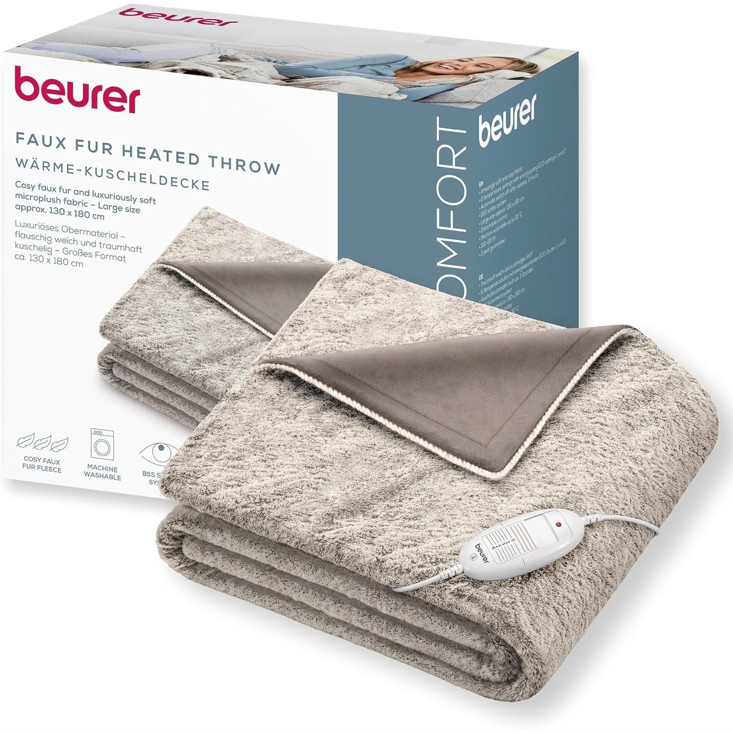 315668 - BEURER Batanije e ngrohtë HD 75 Nordic, 180 x 130 cm, 6 cilësime temperature, e larë në lavatriçe në 30 °C, me fikje automatike, ngjyrë bezhë/kafe
