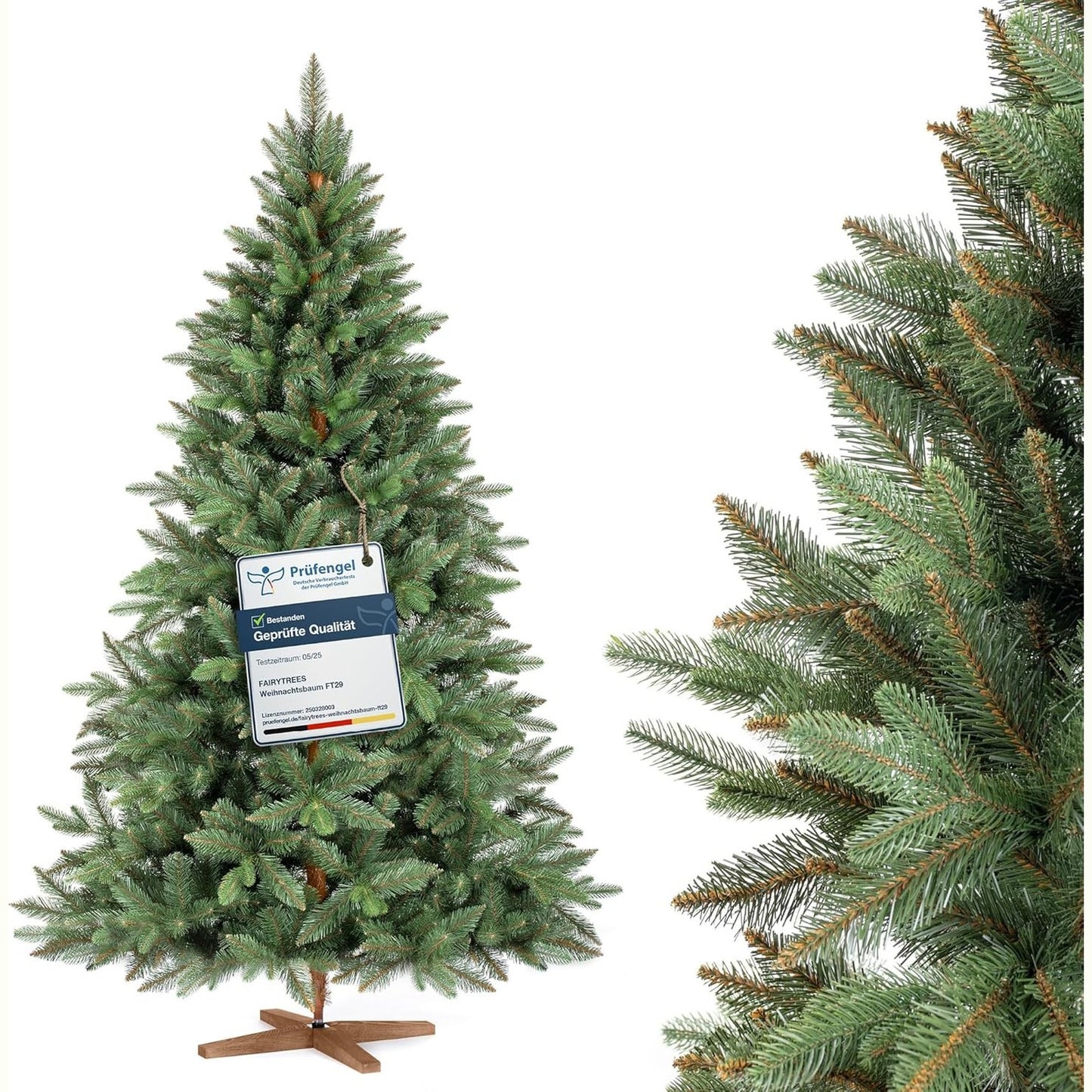 191040 - FAIRYTREES Pemë Artificiale e Krishtlindjeve Nordmann Premium, 180cm, Formë Natyrale me Injeksion, Prodhuar në BE, Mbështetëse Druri Frashri të Punuar me Dorë