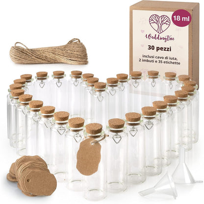 289019 - WEDDINGTREE 30x Shishe Qelqi Mini me Tapa 18ml - Shishe Qelqi për Mbushje - Gotë Testi për Dasma - Kavanoza të Vogla Erëzash me Tapa
