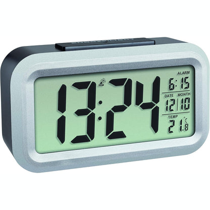 223943 - TFA DOSTMANN Orë alarmi dixhitale pa tel Lumio, 60.2553.01, me orë radio, ekran temperature, ndriçim automatik të prapmë, ekran i madh, 13.8 cm i gjatë, ngjyrë e zezë-argjendtë