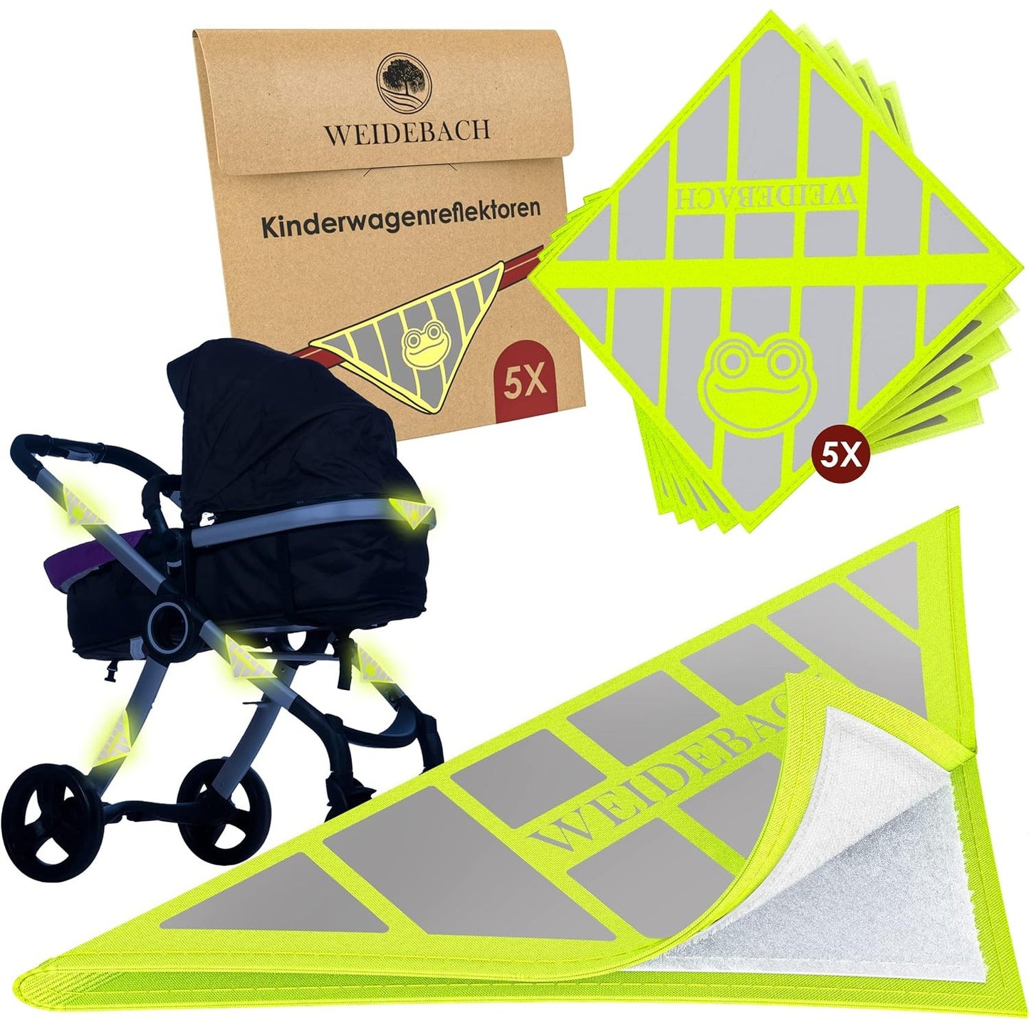 275701 - WEIDEBACH® Reflektorë për karrocë fëmijësh 5x shumë reflektues me dizajn argëtues me bretkosë, mbyllje universale me Velcro