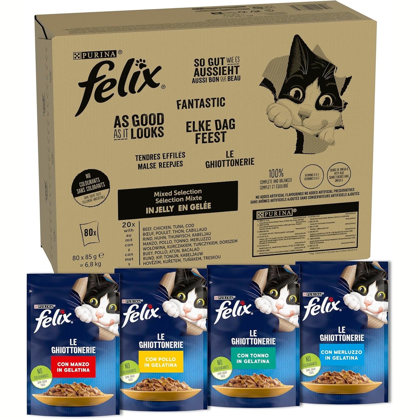 217641 - FELIX Copa të buta mishi për mace të rritura, në pelte, recetë 100% e plotë dhe e ekuilibruar, me ton, merluc, mish viçi dhe pulë, qese freskie 80 x 85g