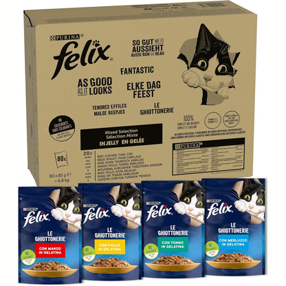 217641 - FELIX Copa të buta mishi për mace të rritura, në pelte, recetë 100% e plotë dhe e ekuilibruar, me ton, merluc, mish viçi dhe pulë, qese freskie 80 x 85g