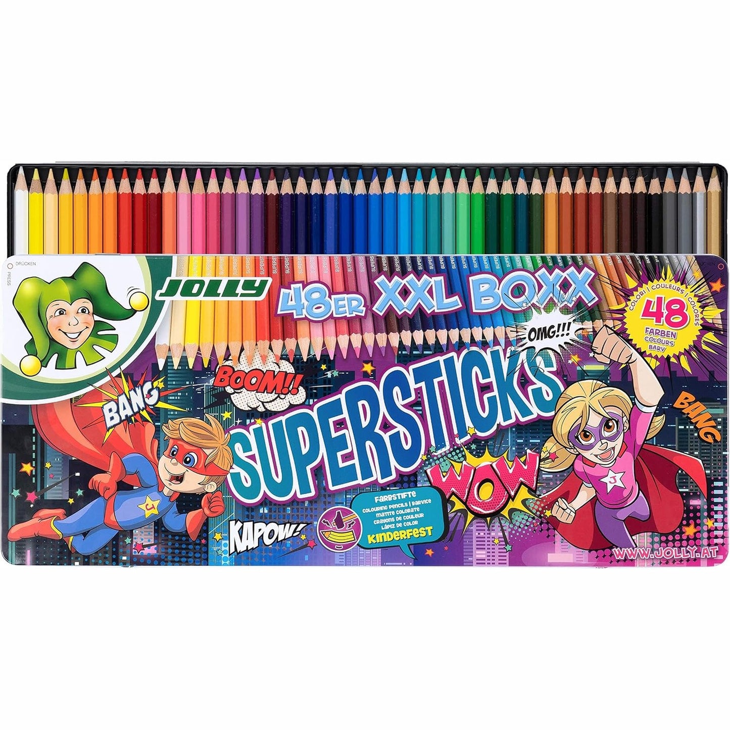 266448 - Lapsa me Ngjyra JOLLY Supersticks Kuti XXL Versioni 1 për Festa për Fëmijë, Lapsa me Ngjyra rezistentë ndaj thyerjes dhe jo-toksikë, Prodhuar në Austri, 48 lapsa