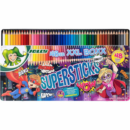 266448 - Lapsa me Ngjyra JOLLY Supersticks Kuti XXL Versioni 1 për Festa për Fëmijë, Lapsa me Ngjyra rezistentë ndaj thyerjes dhe jo-toksikë, Prodhuar në Austri, 48 lapsa