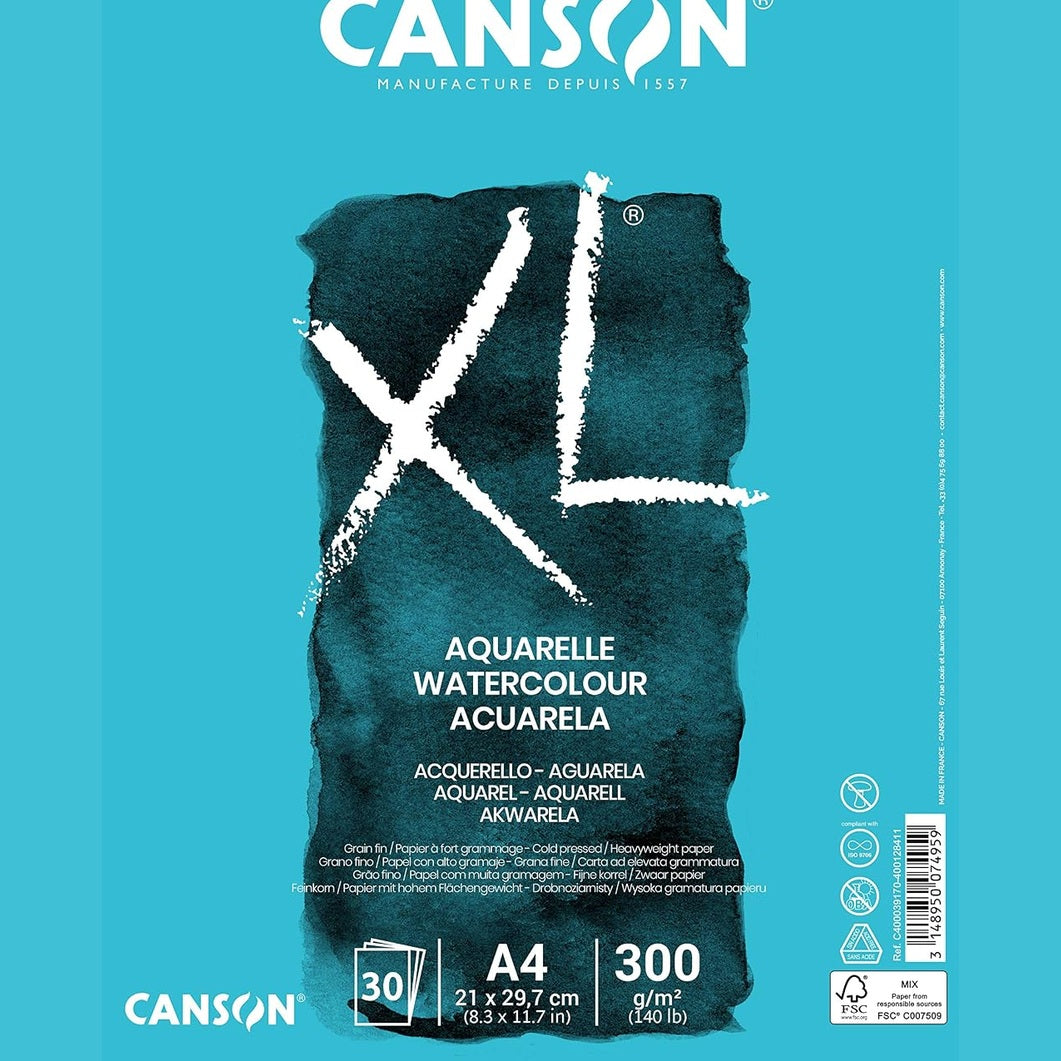 274278 - CANSON XL Aquarelle C400039170, Letër me bojëra uji, Bllok bojërash uji në DIN A4, 300g, Lidhje spirale, Bllok pikture për bojëra uji dhe akuarele, Blu