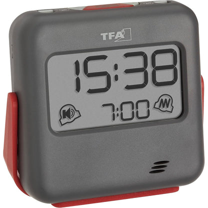 246483 - TFA DOSTMANN Orë alarmi dixhitale udhëtimi 60.2031.10, me alarm vibrues dhe ton të lartë zgjimi, ideale për ata që flenë thellë, me kyçje me çelës, gri