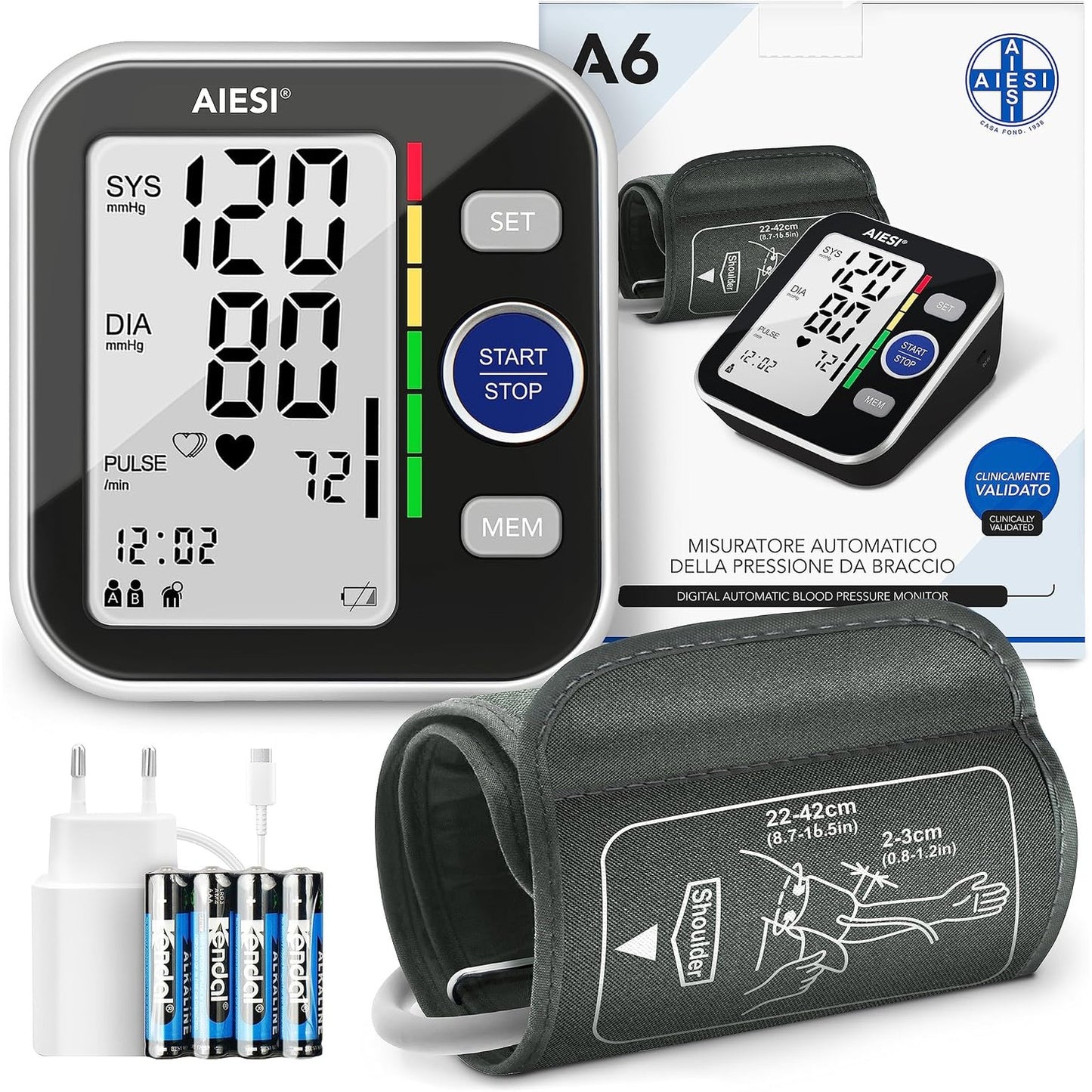 271409 - AIESI® Monitor Profesional Automatik Dixhital i Tensionit të Gjakut A6, 120 Memorie, Furnizim me Energji Rrjeti dhe USB.