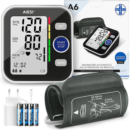 271409 - AIESI® Monitor Profesional Automatik Dixhital i Tensionit të Gjakut A6, 120 Memorie, Furnizim me Energji Rrjeti dhe USB.