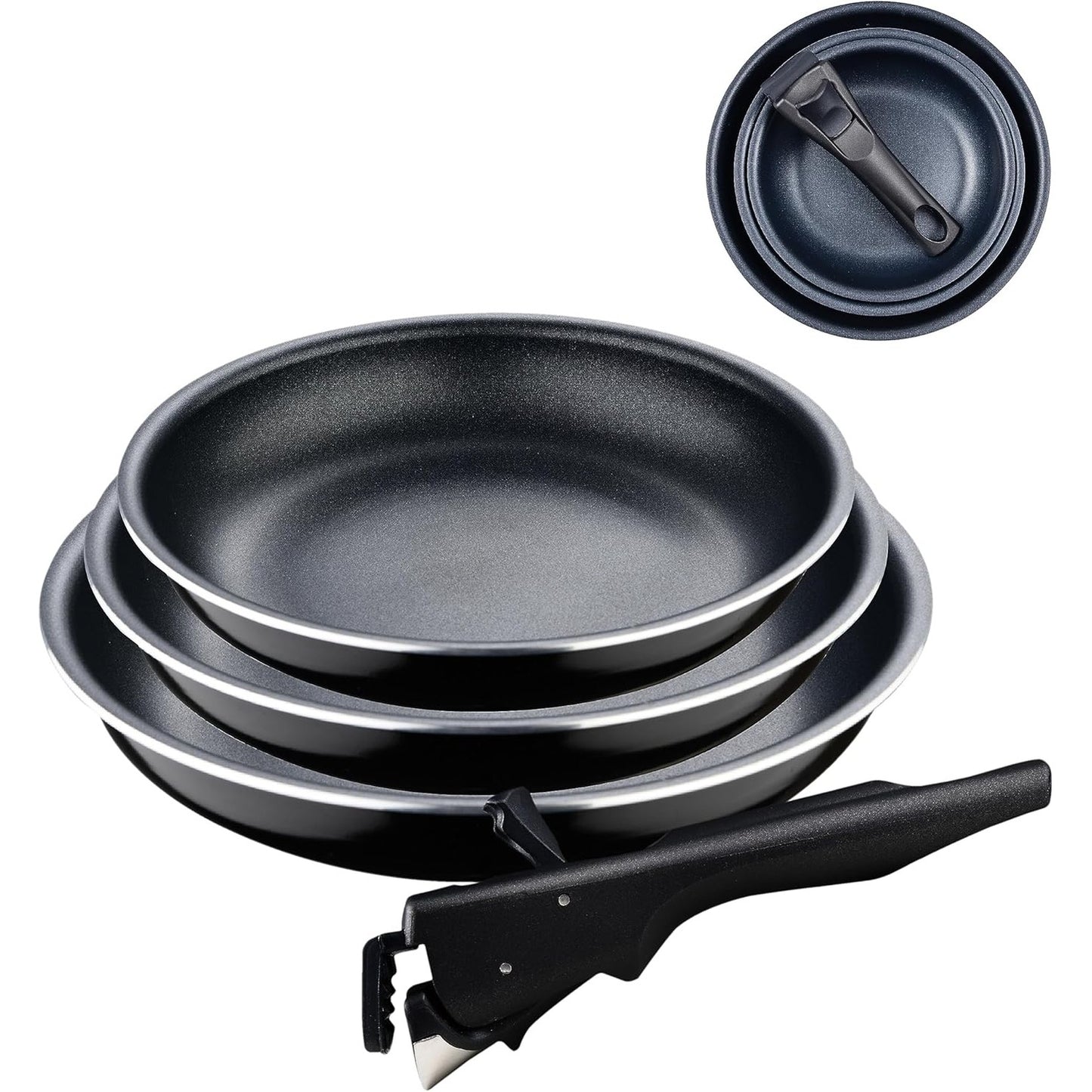 250889 - BERGNER Click&Cook Black Edition, Set tiganësh me 4 pjesë (18, 20 dhe 24 cm) + dorezë ergonomike, alumini i presuar, shtresë jo-ngjitëse