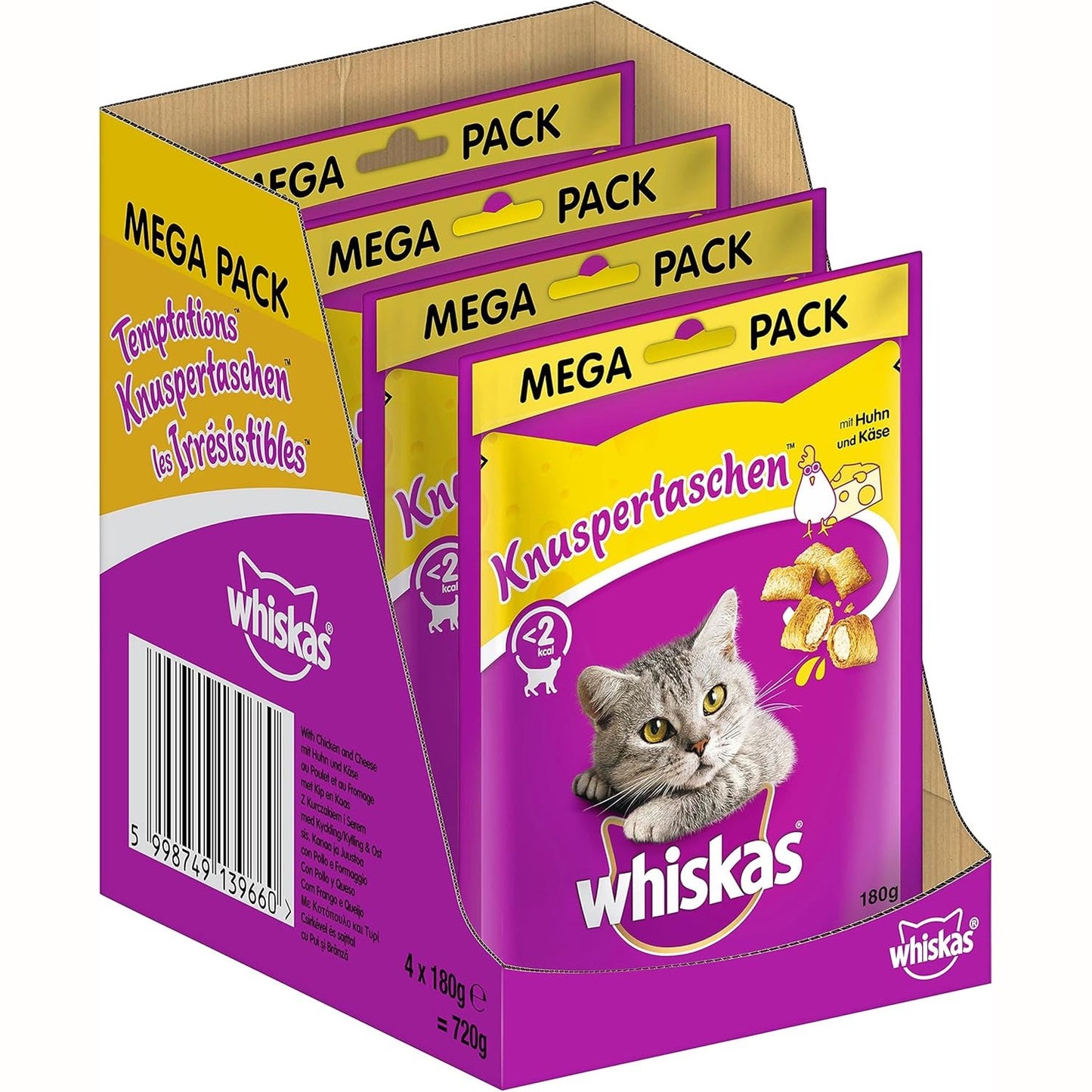 215545 - WHISKAS Crispy Bags Ushqim i lehtë për mace me aromë pule dhe djathi, pako me 4 copë, 4x180g