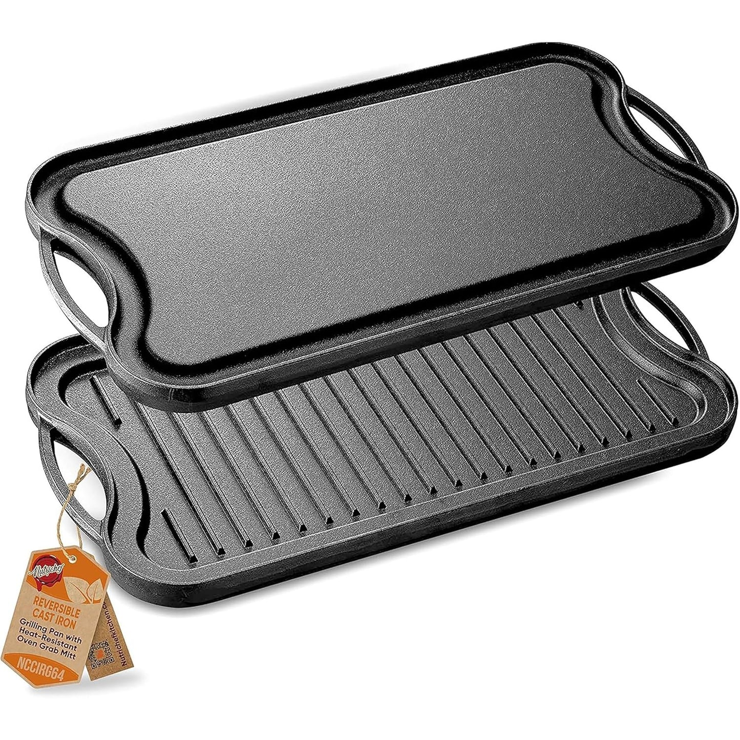 221461 - NUTRICHEF - Pjatë pjekjeje 50.70x25.68cm - Pjatë pjekjeje Plancha, Tigan pjekjeje - i bërë prej gize me anë të lëmuara dhe të brinjëzuara
