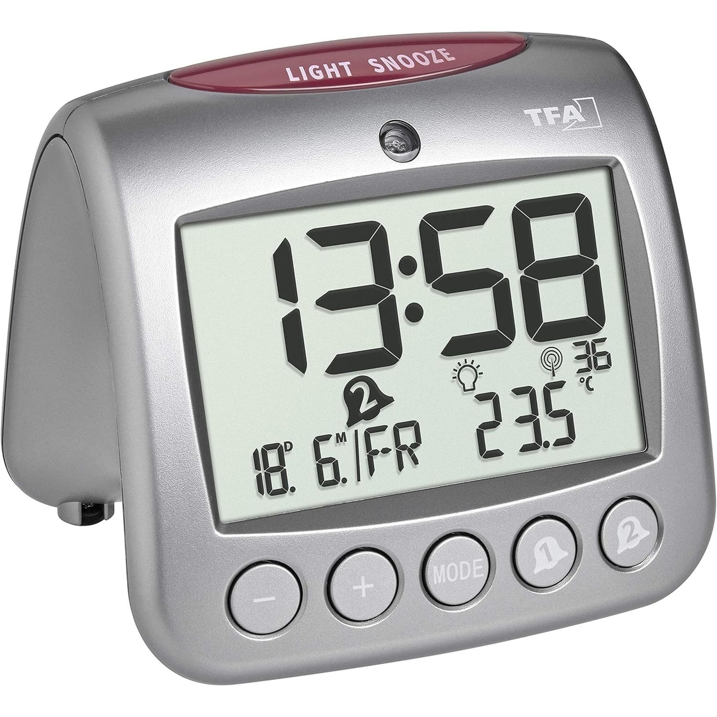 240503 - TFA DOSTMANN Orë alarmi dixhitale me radio me temperaturë SONIO 2.0, 60.2559.54, dy alarme, shfaq temperaturën e brendshme/ditën e javës/datën, argjend, (Gj) 112 x (Gj) 98 x (L) 98 mm