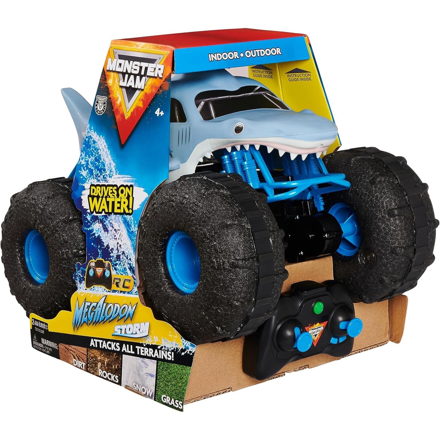 292809 - MONSTER JAM Kamion me telekomandë Megalodon Storm, Mjet amfib në dizajnin Shark për Tokë dhe Ujë, Shkalla 1:15, i lehtë për t’u përdorur, Mosha 4+, Blu