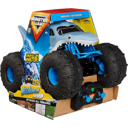292809 - MONSTER JAM Kamion me telekomandë Megalodon Storm, Mjet amfib në dizajnin Shark për Tokë dhe Ujë, Shkalla 1:15, i lehtë për t’u përdorur, Mosha 4+, Blu