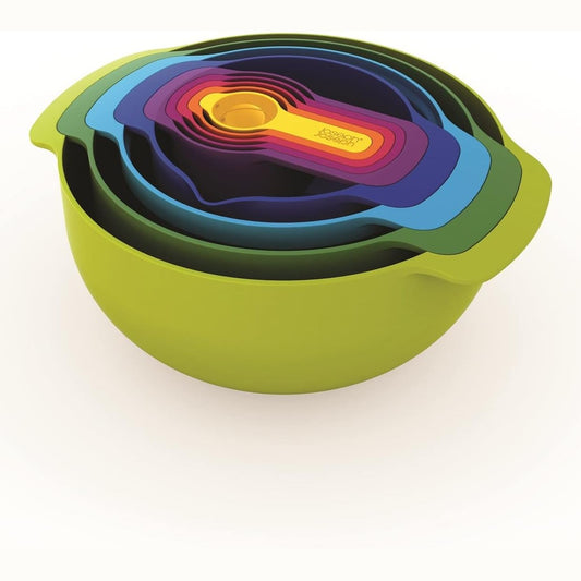 231245 - JOSEPH JOSEPH Set për fole 9 pjesë Nest 9 Plus me tasa të mëdhenj dhe të vegjël, kullesë, sitë, 5 gota matëse, shumëngjyrëshe