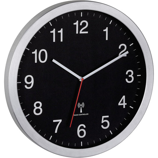183225 - TFA DOSTMANN Orë Muri XL 60.3545.01 Analoge me Radio dhe Akrep të Dytë, E Zezë dhe Argjendi, 400 x 50 x 400 mm