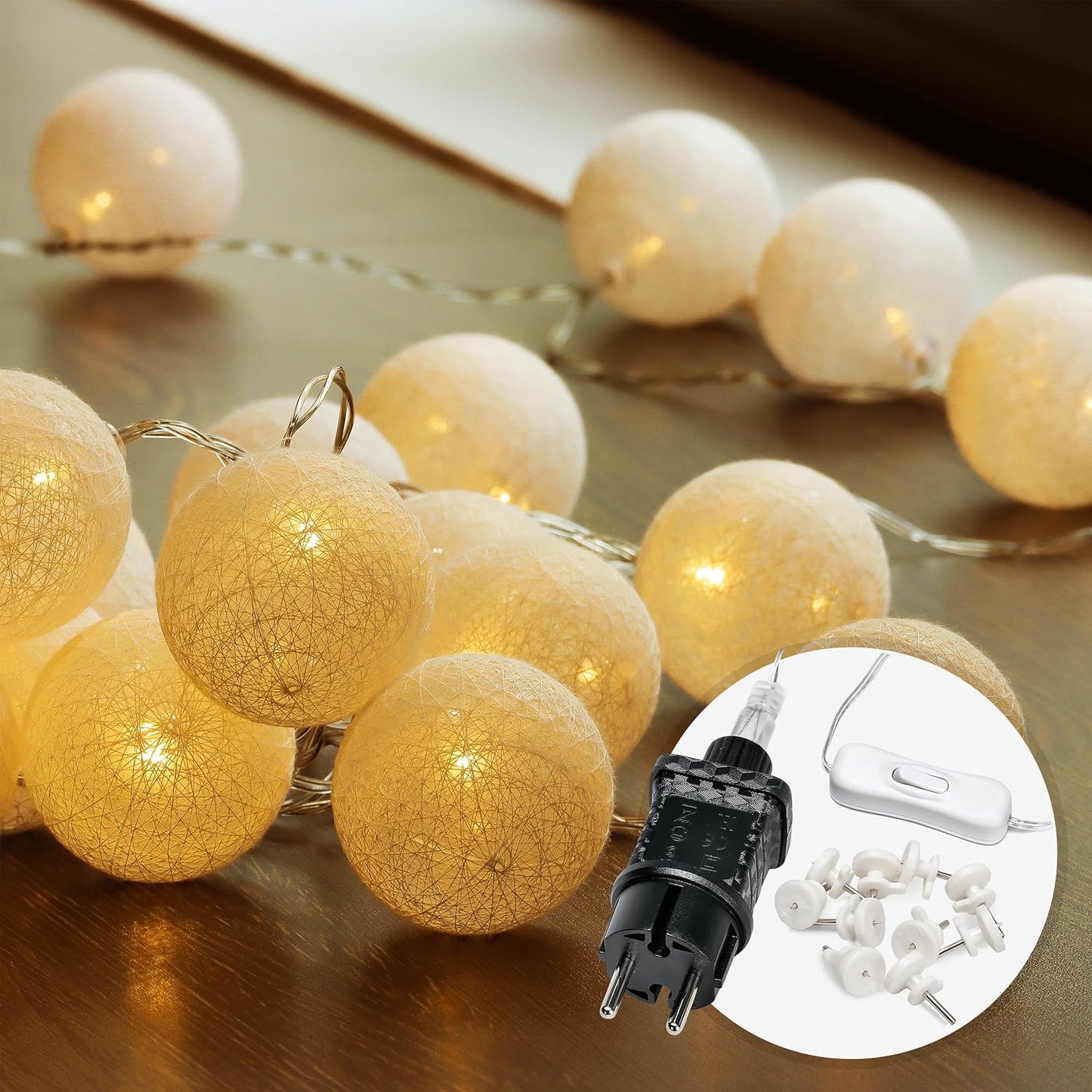 185620 - COZYHOME Drita LED me Kordon prej Pambuku të Bardhë | 20 Dioda LED | Gjatësia 6m | Ngjyra e Bardhë e Ngrohtë | Me Spinë | Përdorim për Dhomë Gjumi dhe Dekorim të Brendshëm