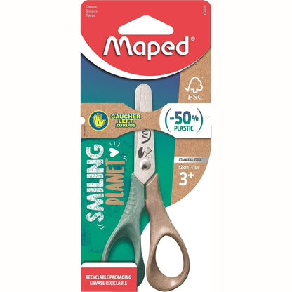 277303 - MAPED - Gërshërë Vivo Smiling Planet - Gërshërë të Përgjegjshme për Duar të Vogla Majtashë - Unaza me Fibër Druri 50% të Çertifikuara FSC - Ergonomi 3D - Teh Çelik Inoks 12cm - Maja të Rrumbullakosura