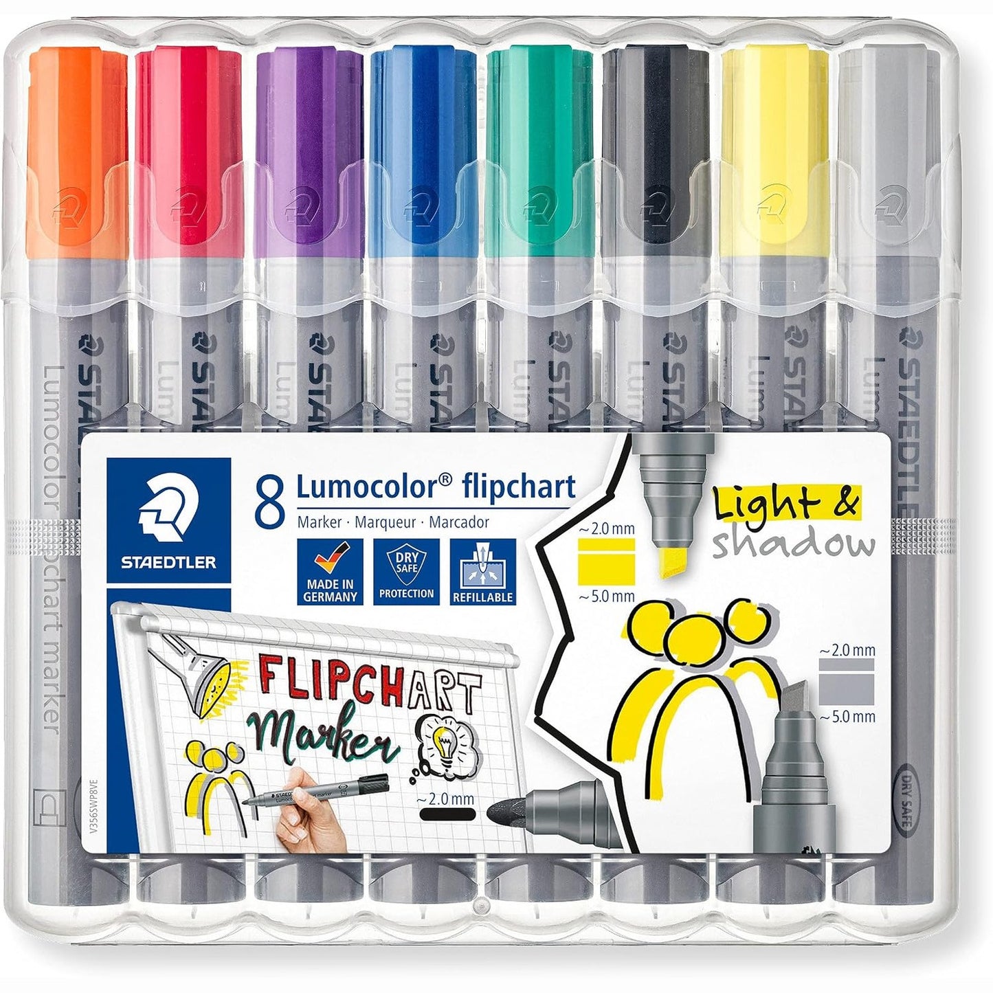 267155 - STAEDTLER Bojë Lumocolor, 8 shënues flipchart në një kuti, ngjyra intensive, thahet shpejt, me erë të ulët, nuk përhapet nëpër letër, 356 SWP8