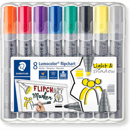 267155 - STAEDTLER Bojë Lumocolor, 8 shënues flipchart në një kuti, ngjyra intensive, thahet shpejt, me erë të ulët, nuk përhapet nëpër letër, 356 SWP8