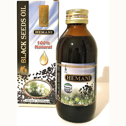 312030 - HEMANI Vaj i Farës së Zezë 100% Origjinal i Pastër dhe Natyral, 125 ml, Ushqen Skalpin e Kokës, Flokët, Trupin dhe Lëkurën