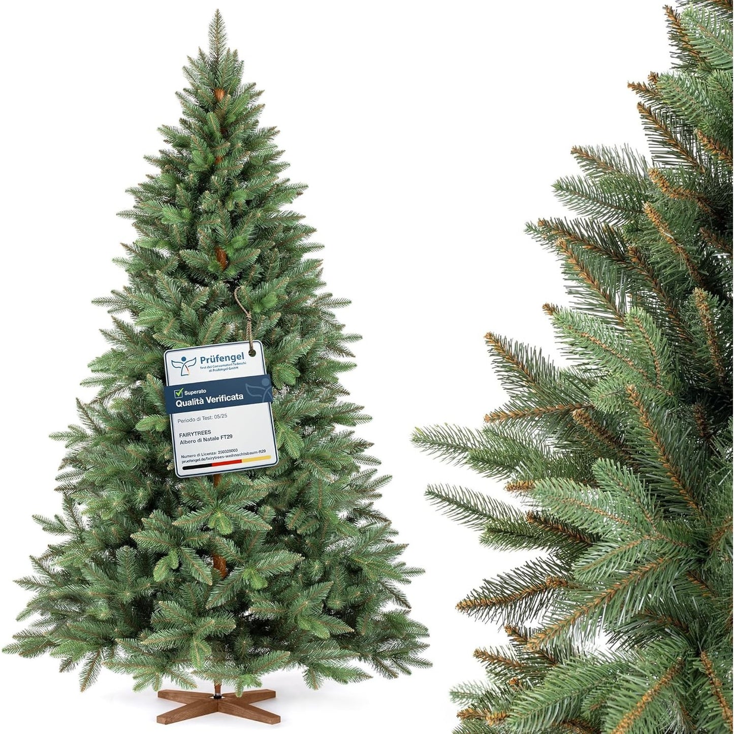 187007 - FAIRYTREES Pemë Artificiale e Krishtlindjeve Nordman Premium, 220 cm, e Prodhuar në BE, me Trung Frashëri dhe Mbështetëse Ngjyrë Kafe