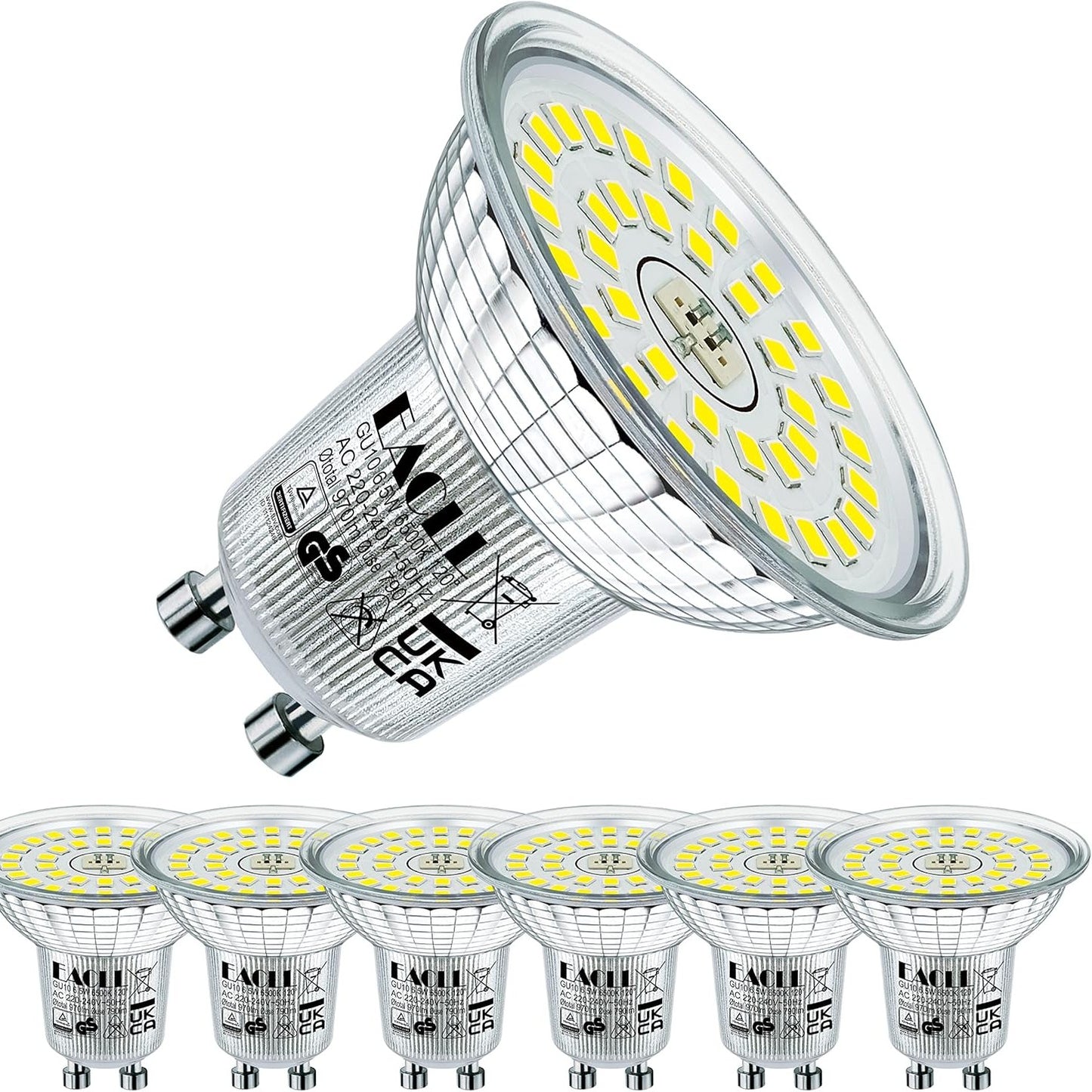 162937 - EACLL Llampa LED GU10 6.5W ekuivalente me 100W Halogjene, Pako prej 6 copë, 790lm, Bardhë e Ftohtë 6500K, Drita Reflektuese pa Drithërime, AC 230V, Këndi i Rrezetimit 120°, Llampa Reflektuese të Shkurtra pa Errësim