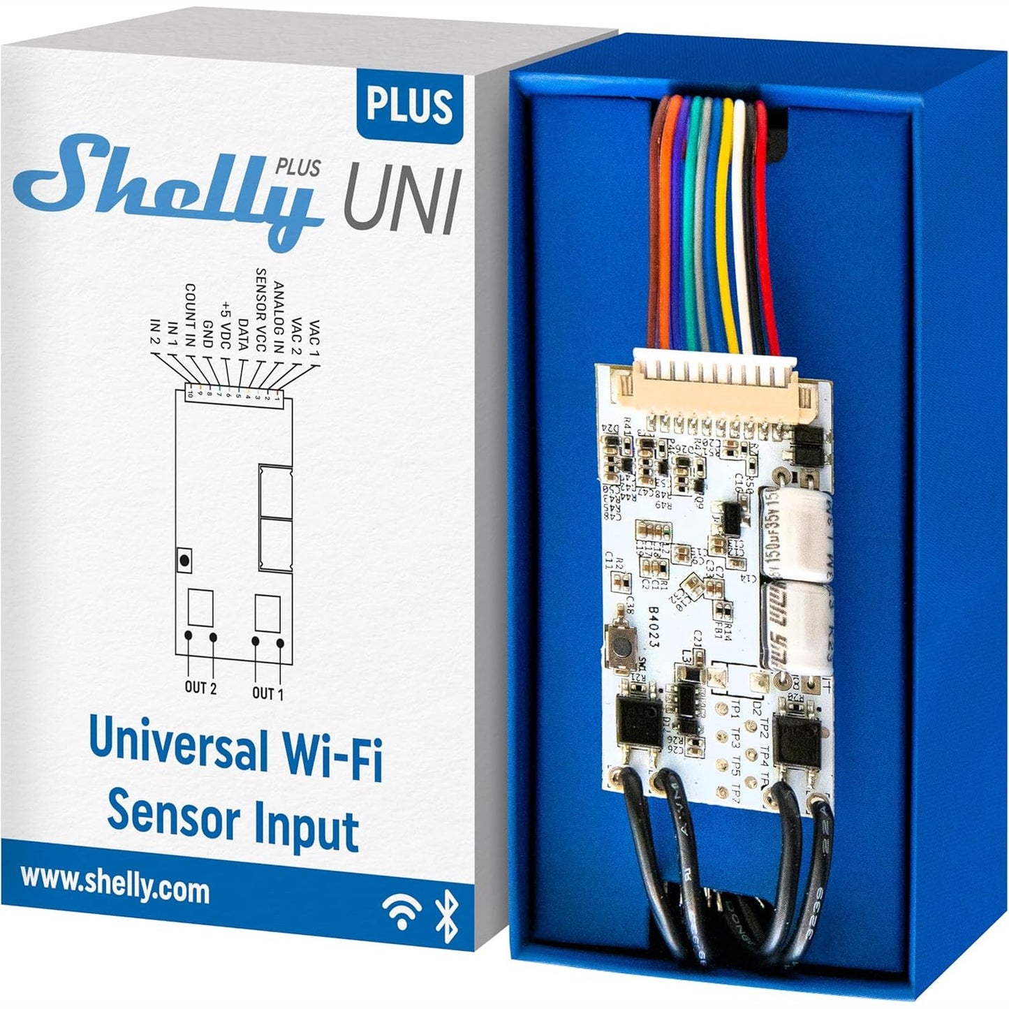 288766 - SHELLY Plus Uni - Modul i Mençur Wi-Fi me Kontakte pa Potencial, Tension i Ulët, Automatizim në Shtëpi, Nuk Kërkohet Hub, Voltmetër i Preciz, Numërues Pulsi, Ndërfaqe Sensori, Alexa dhe Google Home.