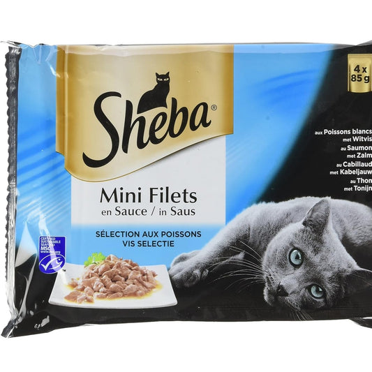255303 - SHEBA Mini Fileto Butcher's Selection, Ushqim për mace në qese me salcë, Pako me 52 qese (4 lloje, 13 pako nga 4 x 85g), Ushqim i lagësht për mace të rritura