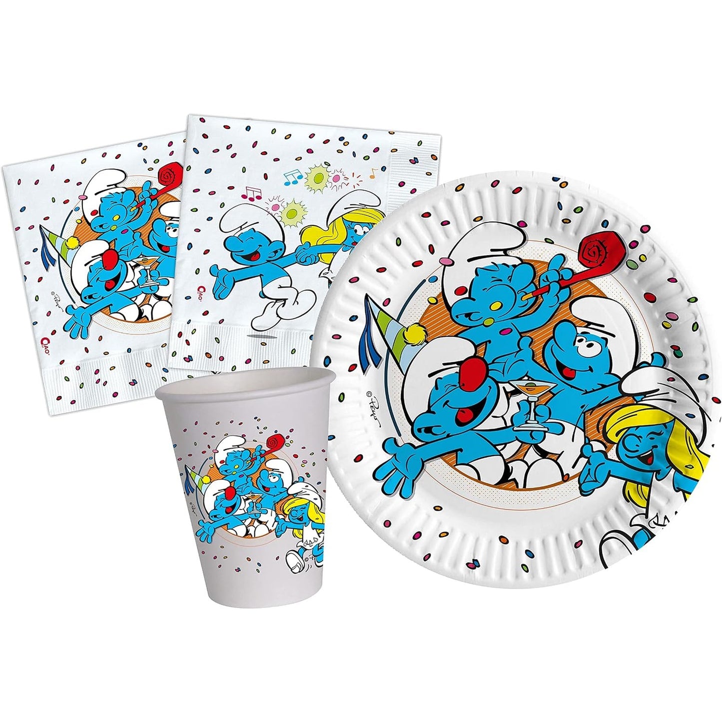 293727 - CIAO Set Tavoline për Festa Smurfë për 24 Persona (88 copë: 24 Pjata Ø18cm, 24 Gota 200ml, 40 Peceta 33x33cm) në Letër të Kompostueshme