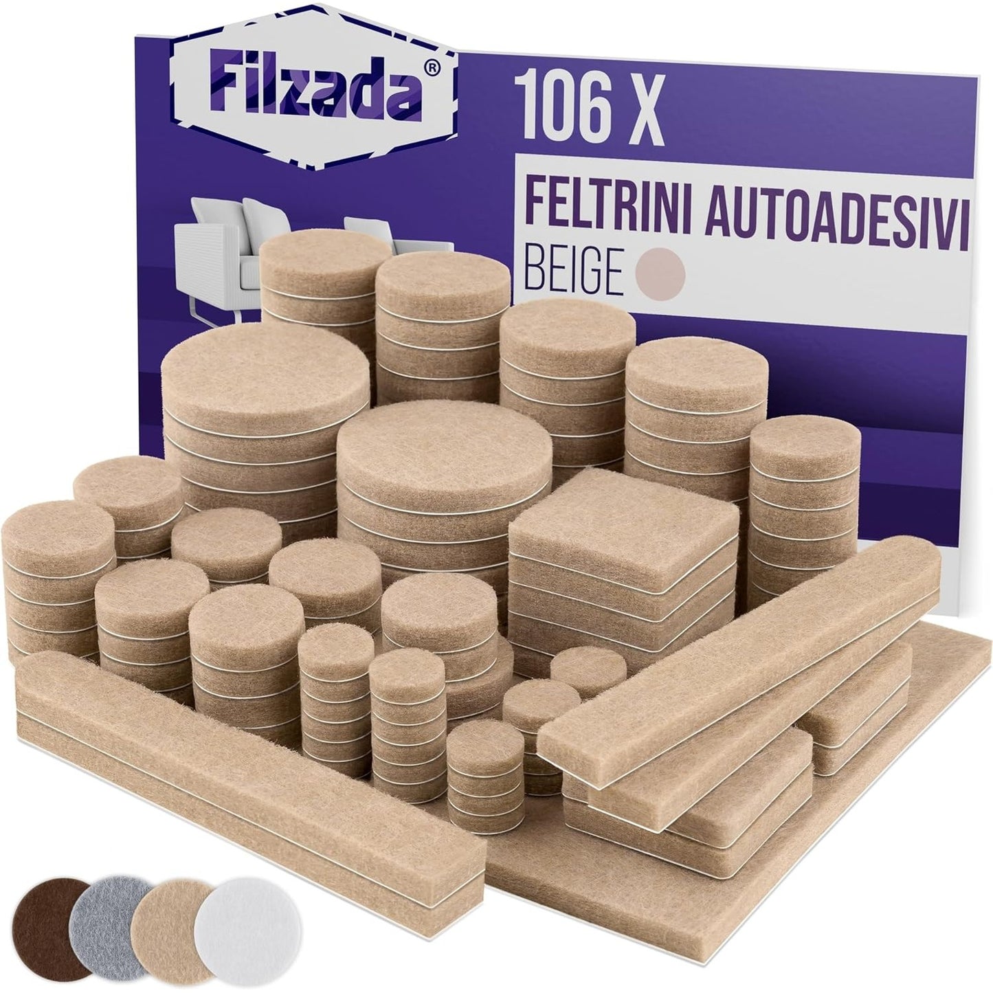 289358 - FILZADA® Set prej 106 copësh prej felti vetëngjitës (katrore dhe të rrumbullakëta) - Bezhë - Rrëshqitëse profesionale për mobilje prej felti me forcë ngjitëse ideale