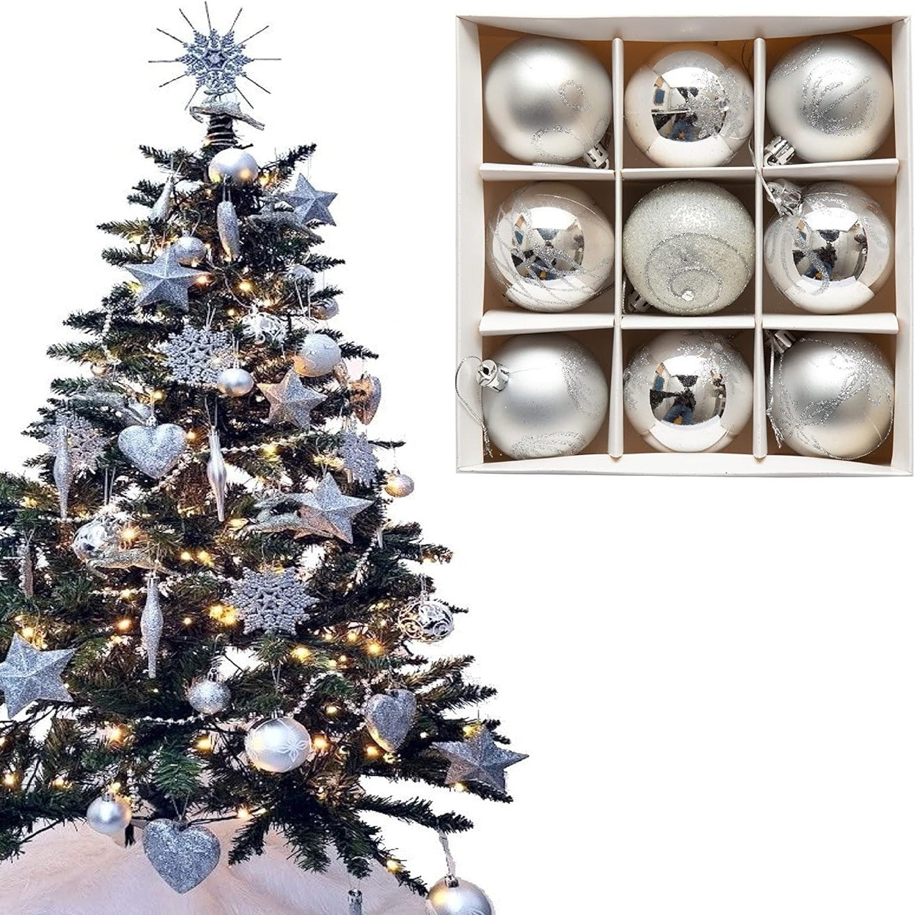 224277 - Set luksoz me 9 skulptura premium, dekorime për pemën e Krishtlindjeve, 6 cm, argjend