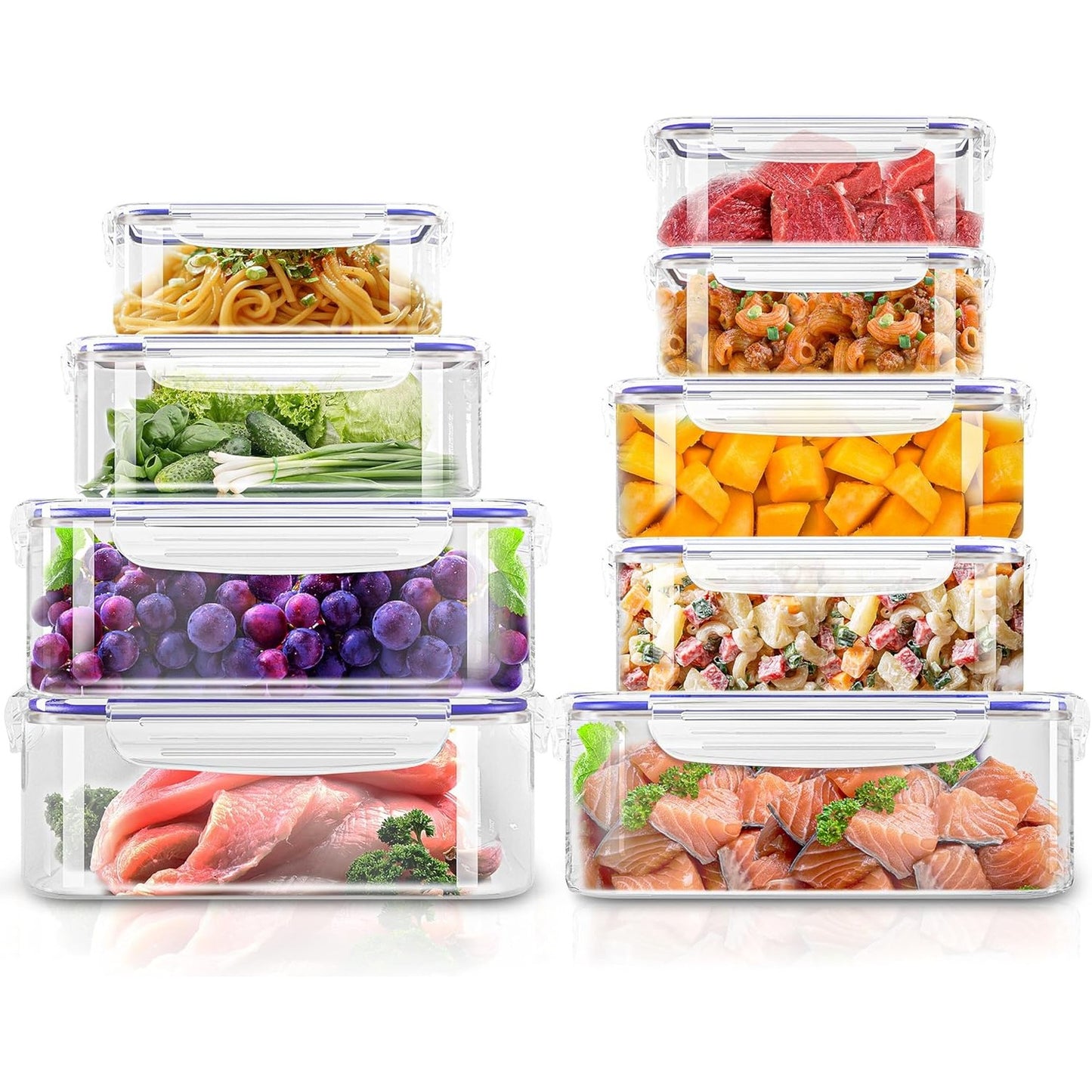 138131 - KICHLY PAKO prej 18 copë, 9 enë prej plastike të papërshkueshme për ruajtjen e ushqimit me 9 kapakë, për kuzhinë, qilar dhe dollap - Mikrovalë dhe ngrirëse të sigurta - pa BPA - Blu