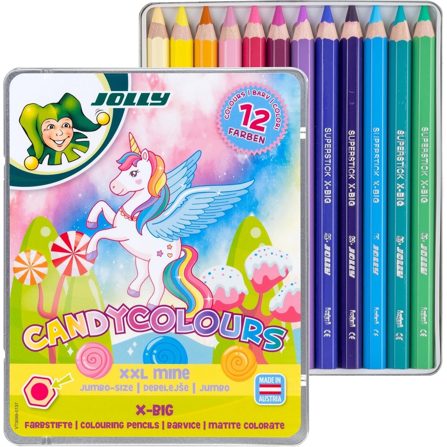 267023 - JOLLY Ngjyra karameli X-BIG, 12 ngjyra, ekstra të trasha, rezistente ndaj thyerjes, majë 6.4 mm, set për artistë fillestarë