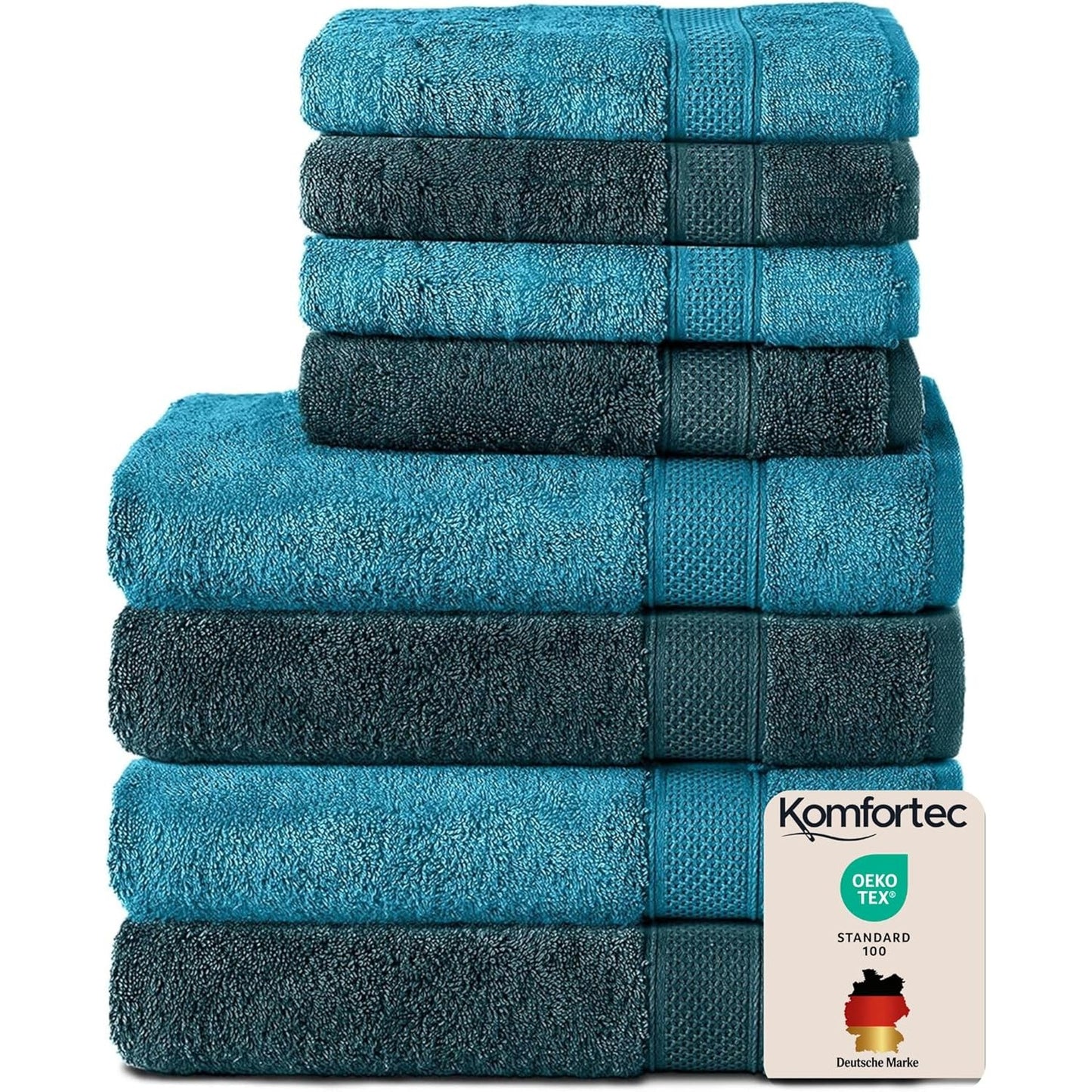 217330 - KOMFORTEC Set peshqirësh 8 pjesë, 100% pambuk, 4 peshqirë banjoje 70x140 cm, 4 peshqirë duarsh 50x100 cm, ngjyrë turkeze/petroli