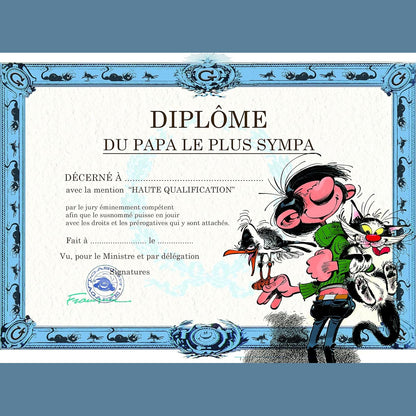 269568 - KARTË E DYFISHTË GLDP-7009 GASTON LAGAFFE me ZARF, Diplomë "Babai Më i Mirë" - Mace dhe Pulëbardhë - Për Ditëlindje ose Ditën e Babait