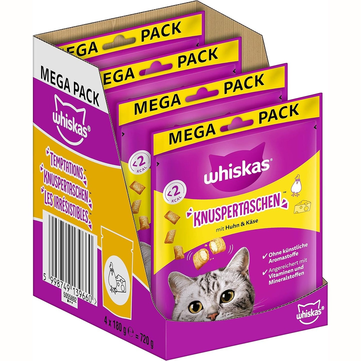 215546 - WHISKAS Crispy Bags Ushqim i lehtë për mace me aromë pule dhe djathi, pako me 4 copë, 4x180g