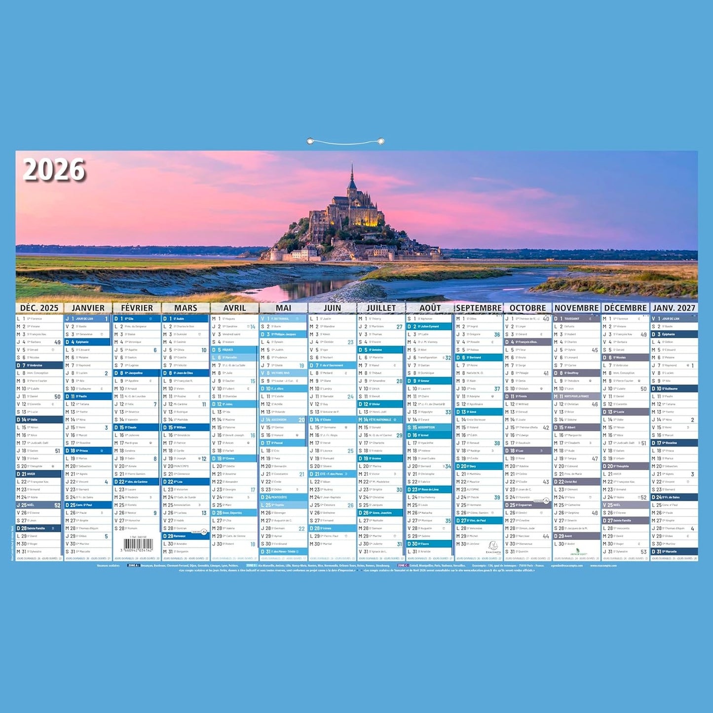 190454 - EXACOMPTA Kalendar Vjetor Shumëngjyrësh, Madhësi 65 x 40.5 cm, Janar 2026/2027
