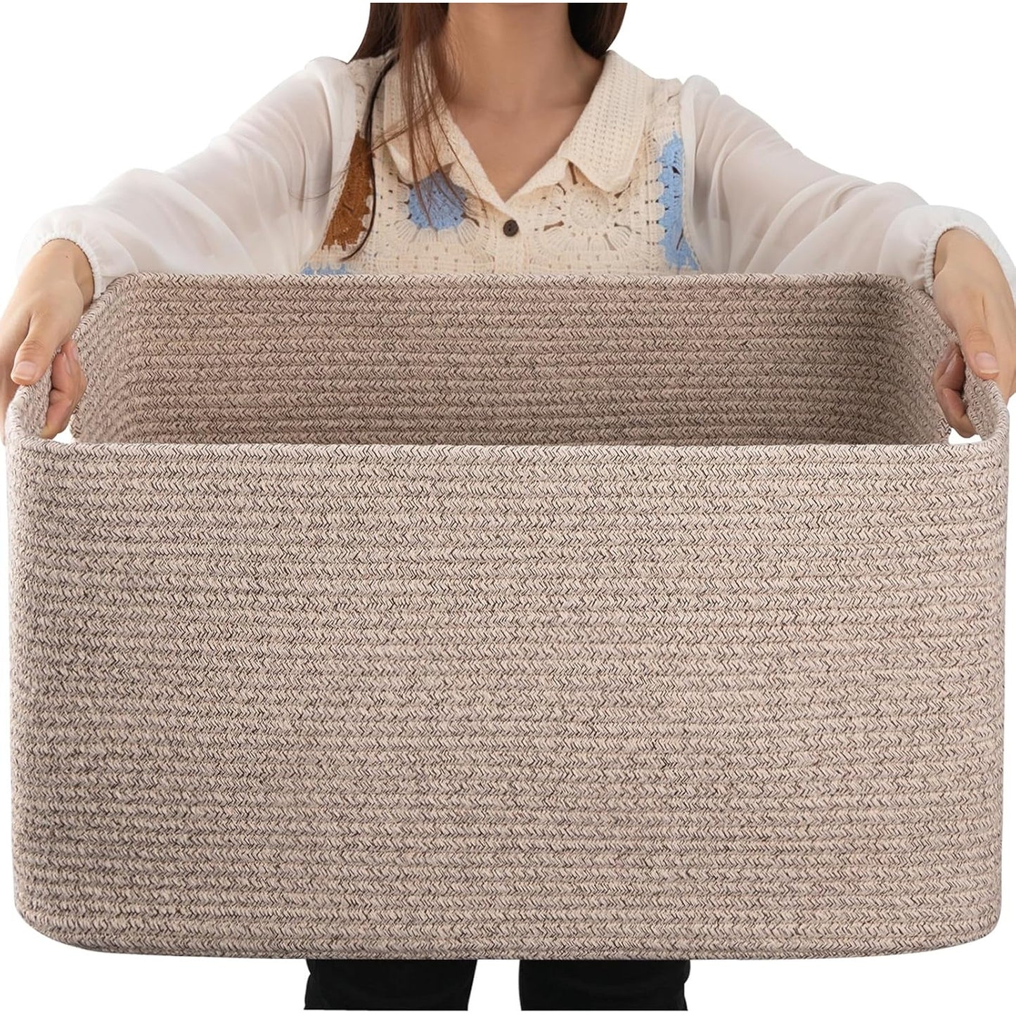 255853 - OIAHOMY Kosh i Madh Batanijesh, 55.9 x 43.2 x 30.5 cm, Kosh Organizues me Dorezë, Litar Pambuku, Kafe, Shumëngjyrëshe