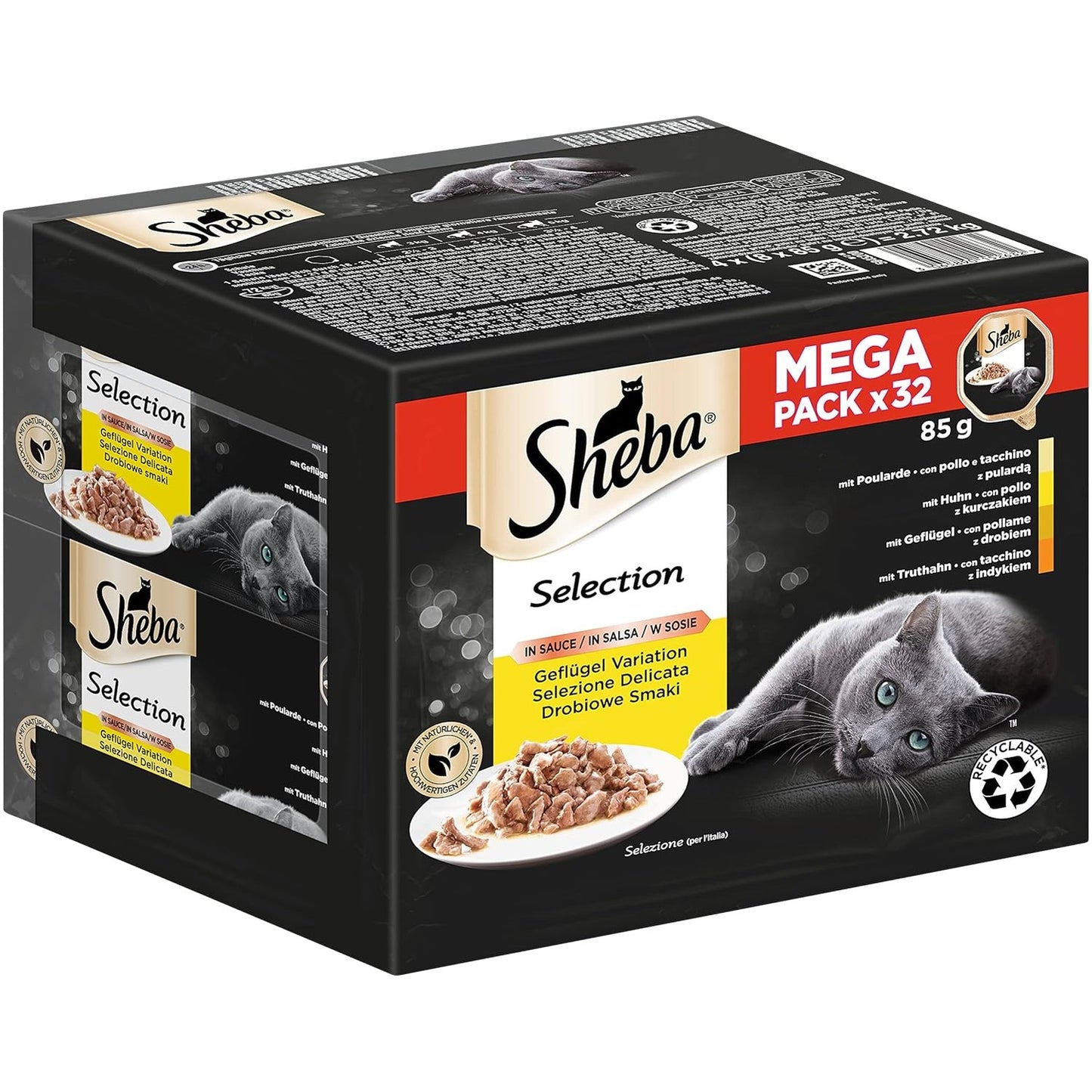 209016 - SHEBA - Ushqim i lagësht për mace Adult, 32 tabaka 85g, Shpendë të ndryshëm në salcë, 1 pako e madhe