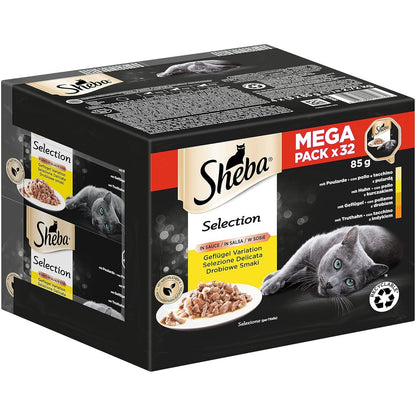 209016 - SHEBA - Ushqim i lagësht për mace Adult, 32 tabaka 85g, Shpendë të ndryshëm në salcë, 1 pako e madhe