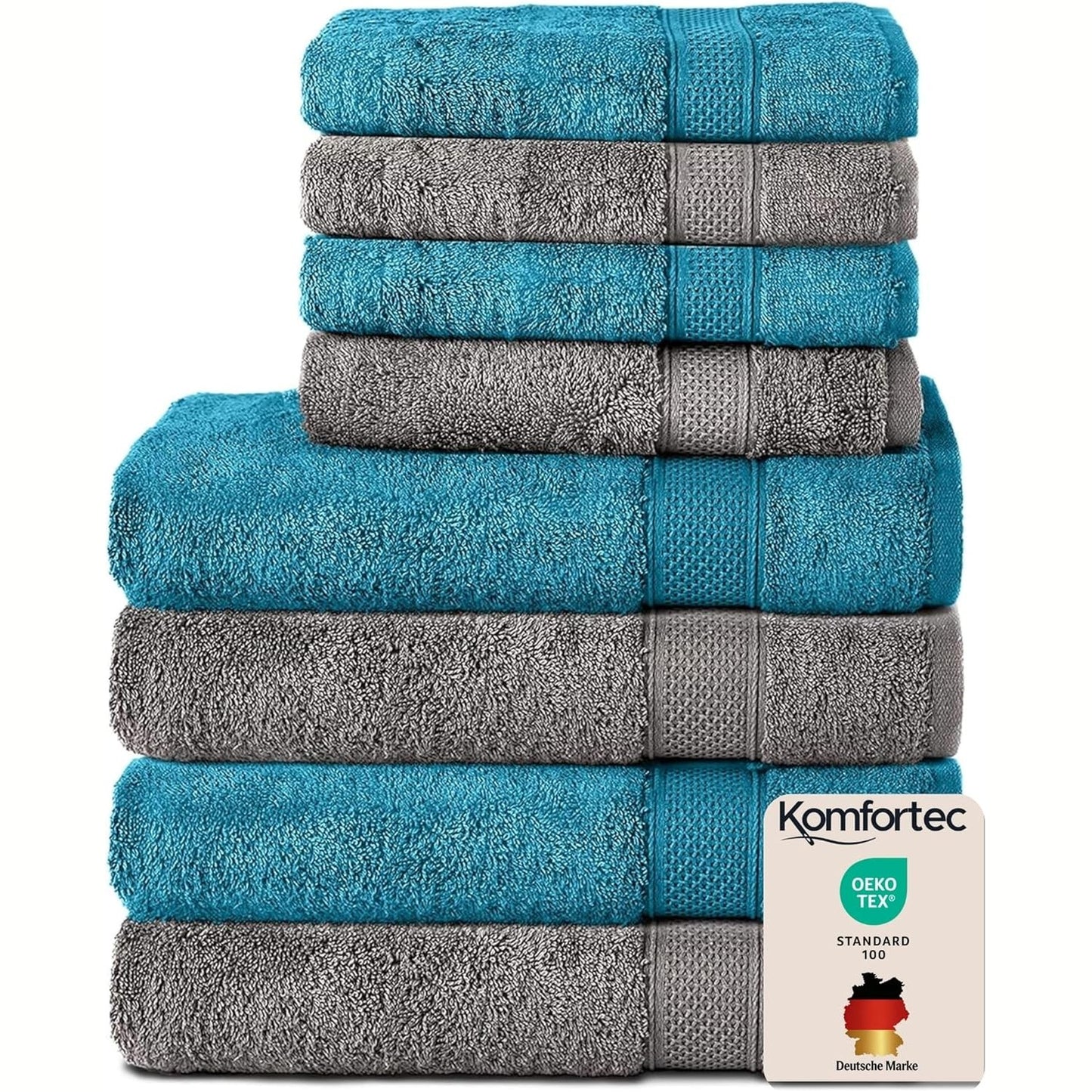 245353 - KOMFORTEC Set peshqirësh 8 pjesë, 4 peshqirë banjoje 70x140 cm dhe 4 peshqirë duarsh 50x100 cm, 100% pambuk mëndafshi, antracit/turkuz