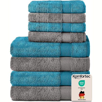 245353 - KOMFORTEC Set peshqirësh 8 pjesë, 4 peshqirë banjoje 70x140 cm dhe 4 peshqirë duarsh 50x100 cm, 100% pambuk mëndafshi, antracit/turkuz
