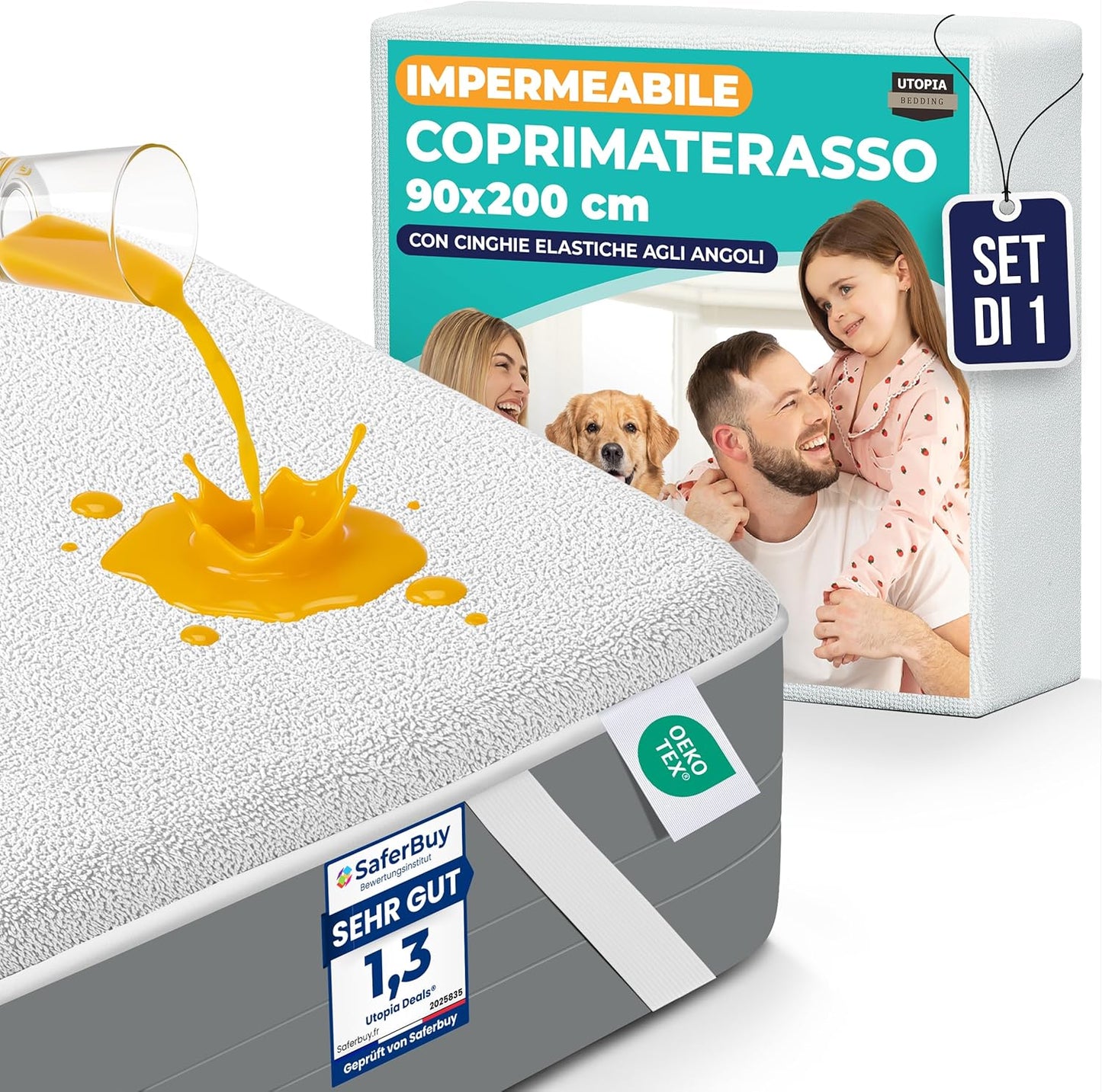 248788 - Utopia Mbrojtëse dysheku, 90 x 200 cm, e papërshkueshme nga uji, me rripa elastikë në cep, mbulesë e çertifikuar Oeko-TEX, mbrojtëse e bardhë