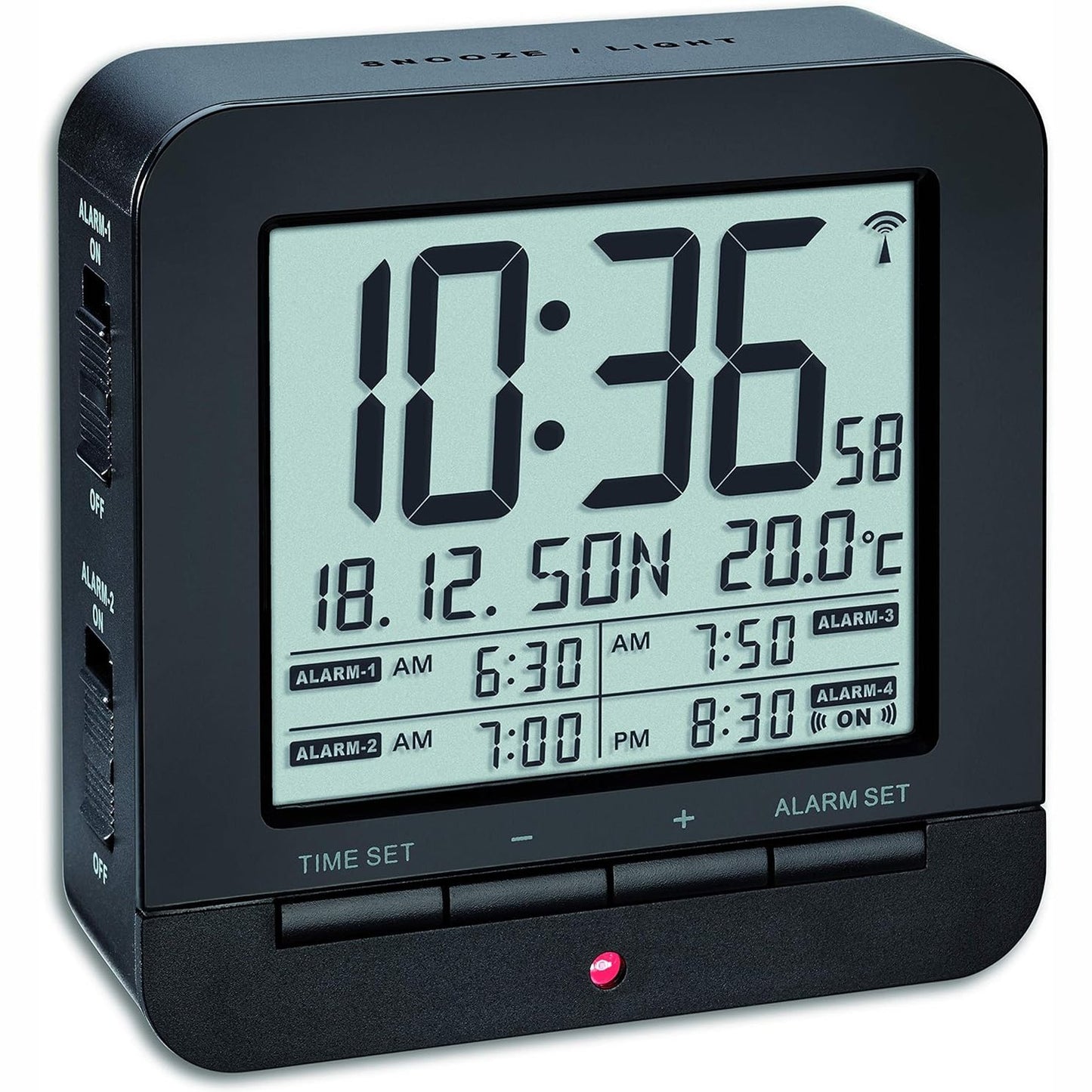 184317 - TFA DOSTMANN Orë Alarmi me Radio të Kontrolluar, 4 Orë Alarmi, Modeli 60.2536.01, me Datë dhe Ekran Temperaturë të Brendshme, Madhësia 9.2 x 9.2 x 3.2 cm, Ngjyra e Zezë, Materiali Plastikë