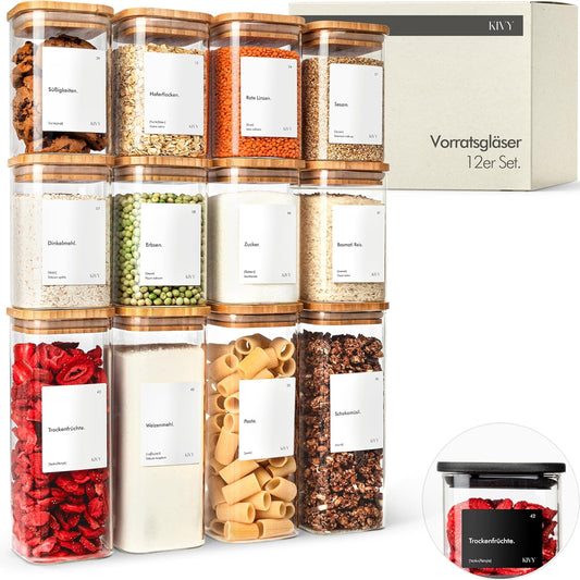 199148 - KIVY Kavanoza Katrorë Ruajtjeje prej Qelqi, Set prej 12 copësh, me Kapakë Bambu, Hermetike, të Vendosshme në Njëra-Tjetrën, përfshinë Etiketa