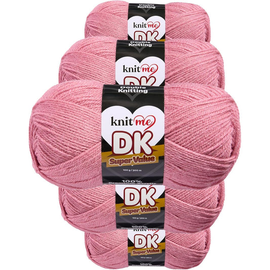 320353 - KNIT ME DK Wool 5x100g Pako me Vlerë – Fije e Butë Akrilike për Thurje dhe Thurrje me Grep, 1500m, Rozë Rozë