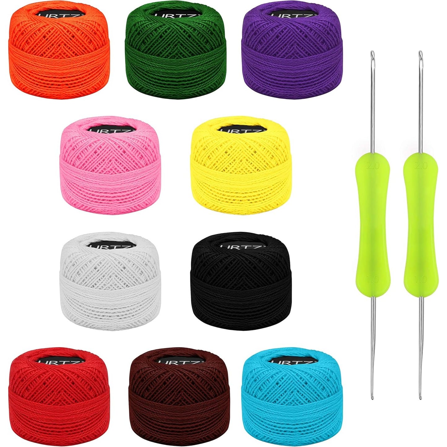 203038 - KURTZY Fije Pambuku me Ngjyra (10 copë), me 2 Grepa (1mm dhe 2mm), Pesha 10g, Gjatësi Totale 600m