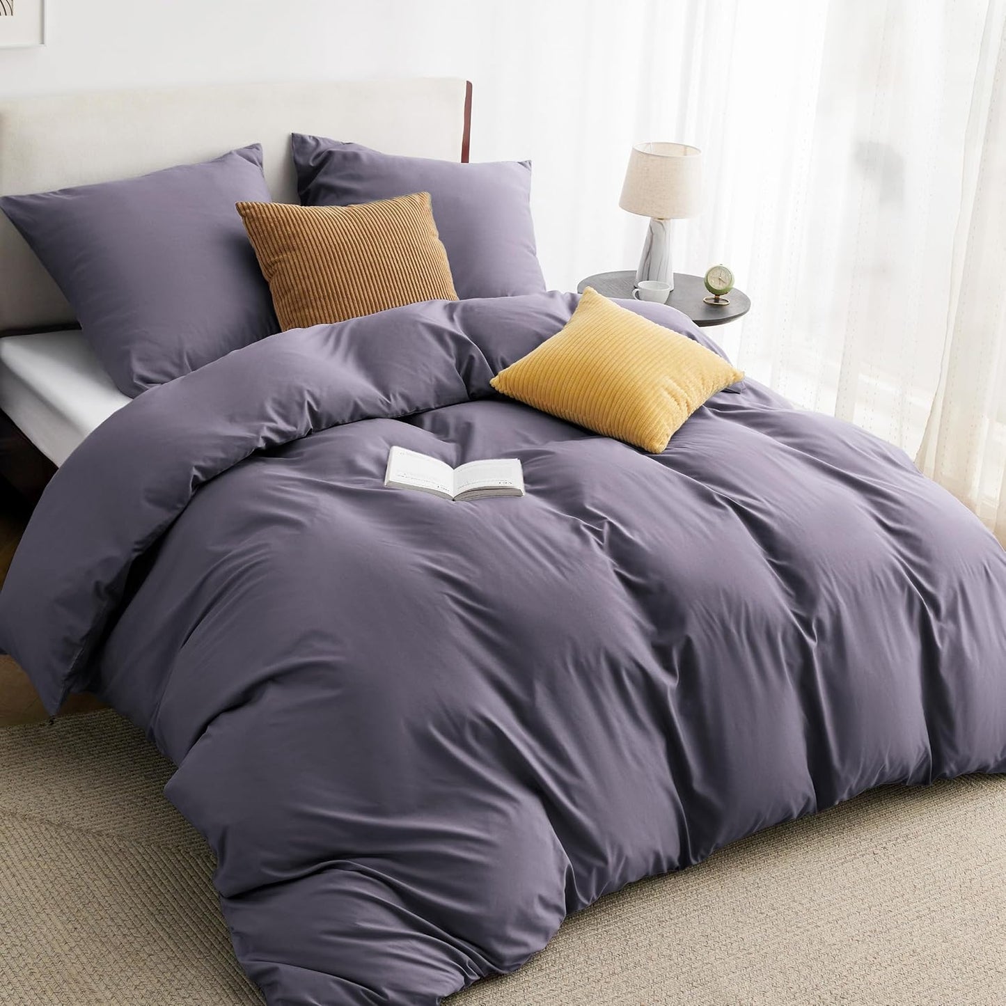 247329 - BEDSURE Set çarçafësh 200x200 me 3 pjesë, gri-vjollcë - 1 mbulesë jorgani 200x200 cm + 2 mbulesa jastëku 80x80 cm, Oeko-Tex, mikrofibër poliesteri vjollcë